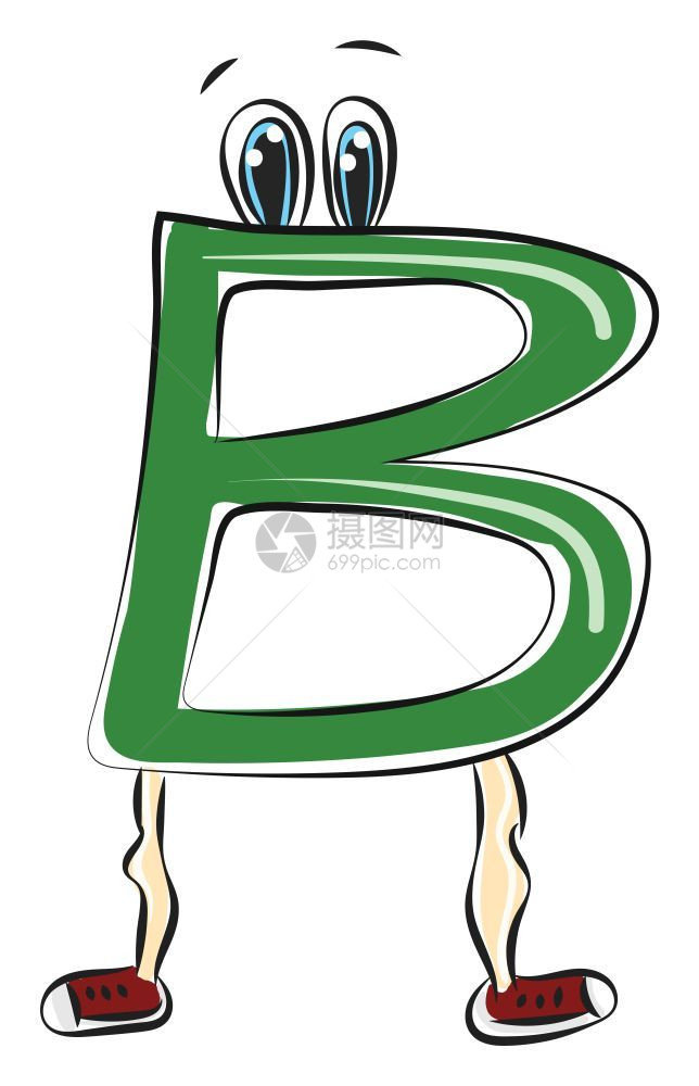 代表字母B的绿色生物或图象其双眼穿着时髦的红色鞋子有吸引眼睛的设计图示或插图片