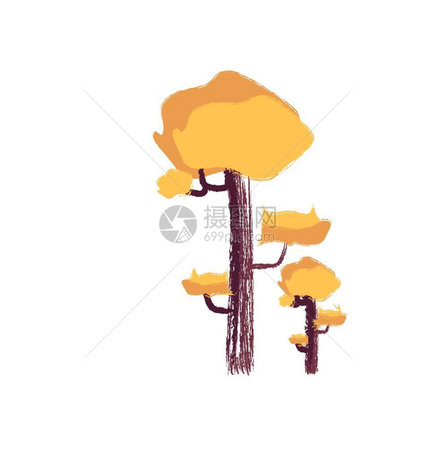 绘制不同高度的树木图用棕色干绘制黄和横向分支矢量彩色图或插生动地标出黄色和横向分支矢量彩色图或插图片