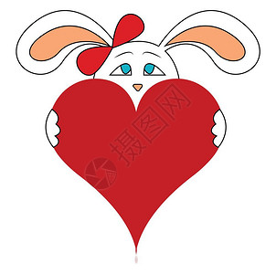 一只蓝眼睛兔子红弓握着大心脏矢量彩色画或插图背景图片