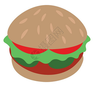 小炒黄牛肉一个带绿色生菜的汉堡红番茄黄奶酪棕色汉堡卷饼还有芝麻种子在面包矢量彩色画或插图的顶端插画