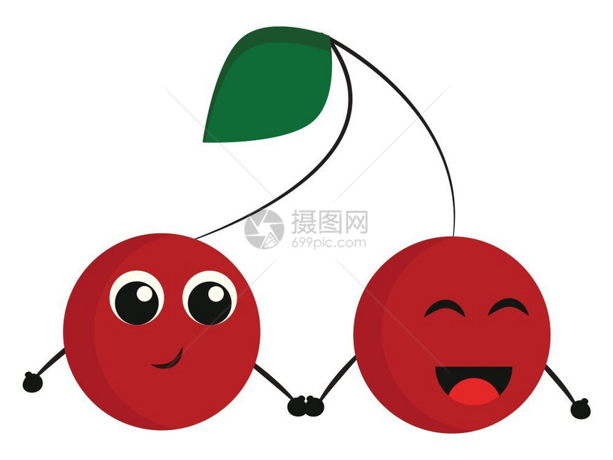 2个红色快乐樱桃手握双向量彩色画或插图图片