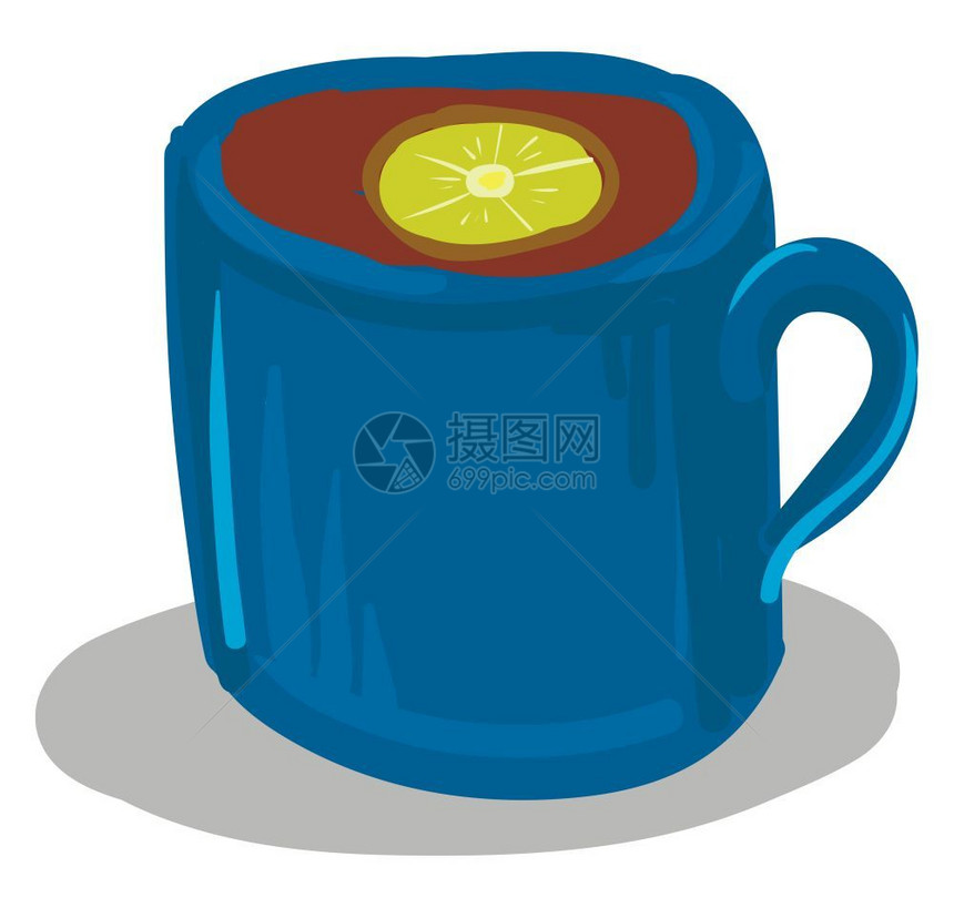 蓝色的杯子有黑茶和柠檬矢量彩色画或插图图片