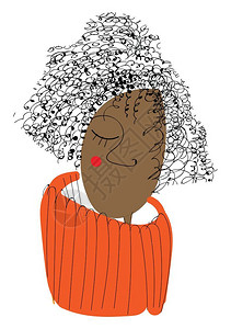 棕色卷发女孩红脸颊橙色毛衣矢量彩色画或插图插画