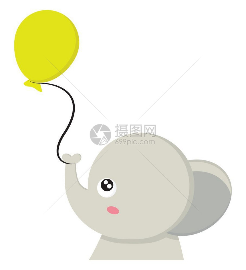 一只可爱的小象拿着绿色气球图片
