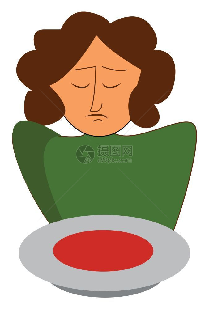 一个穿着绿裙子的女孩和一个盘子里的红汤矢量彩色画或插图图片