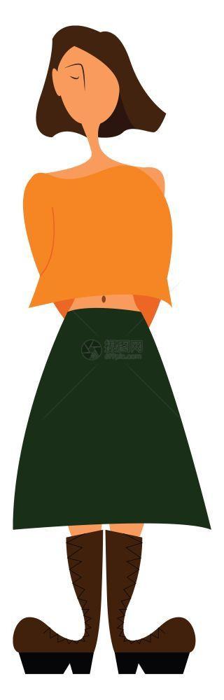 穿绿裙子的女孩穿着棕色靴子矢量彩色画或插图的橙衬衫图片