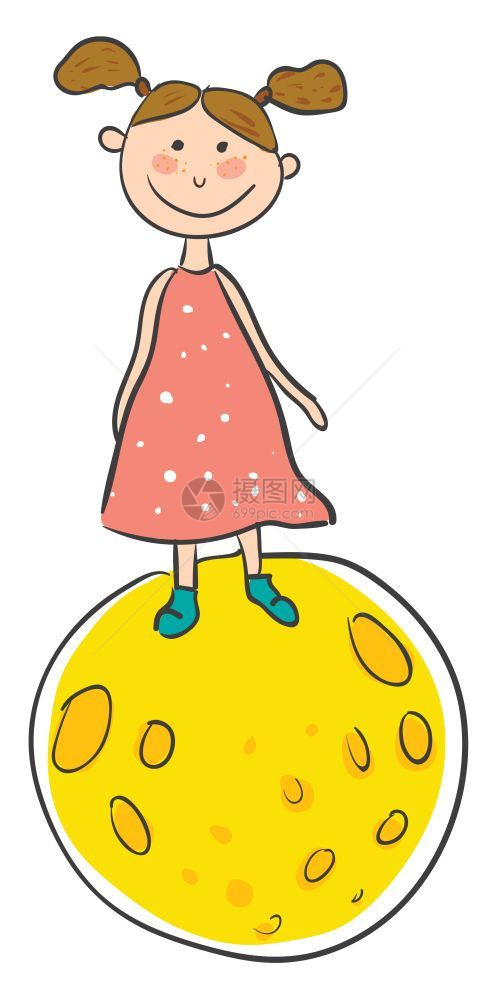 穿粉红色裙子的女孩脸颊有玫瑰色站在黄的月亮上向量彩色画或插图图片