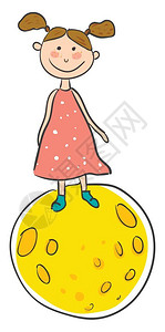 穿粉红色裙子的女孩脸颊有玫瑰色站在黄的月亮上向量彩色画或插图图片