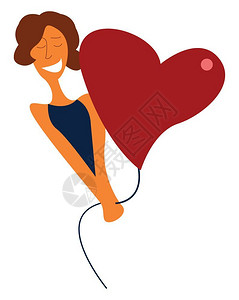 心形彩色气球一个穿着蓝色衬衫的快乐女孩拿着红色心形气球矢量彩色画或插图插画