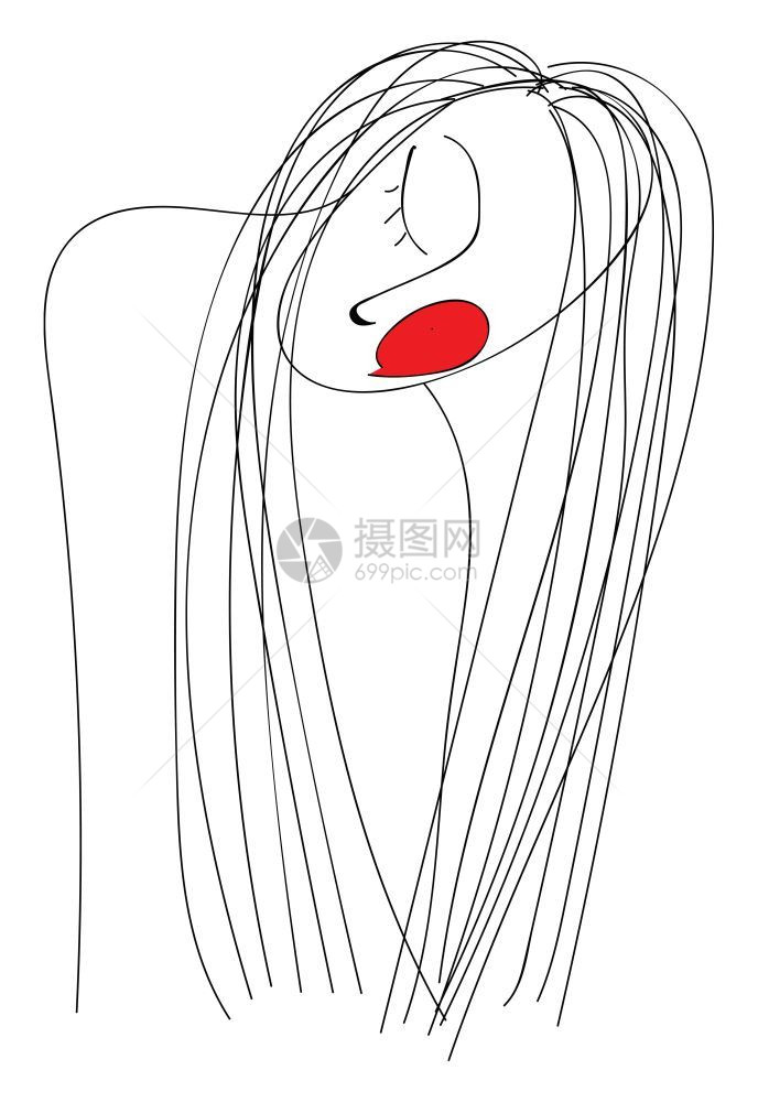 女孩睡红脸颊和长头发向量彩色画或插图图片