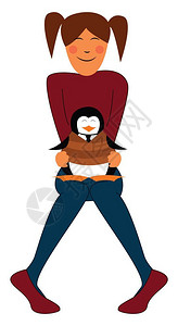 抱大腿一个穿着红色毛衣的女孩抱着一只企鹅在大腿上向量彩色画或插图插画
