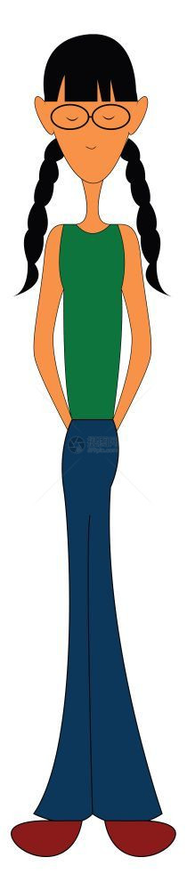 穿绿衬衫的姑娘带着眼镜和马尾向量彩色画或插图图片