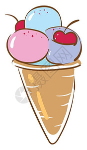 彩色球冰淇淋圆锥彩色矢量绘画或插图中含有水果的冰淇淋插画