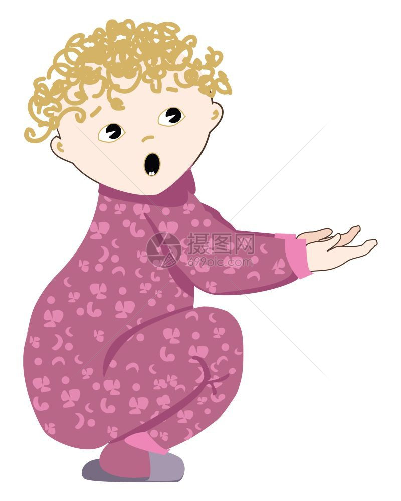一个可爱的婴儿穿着洋红睡衣乞讨矢量彩色画或插图图片