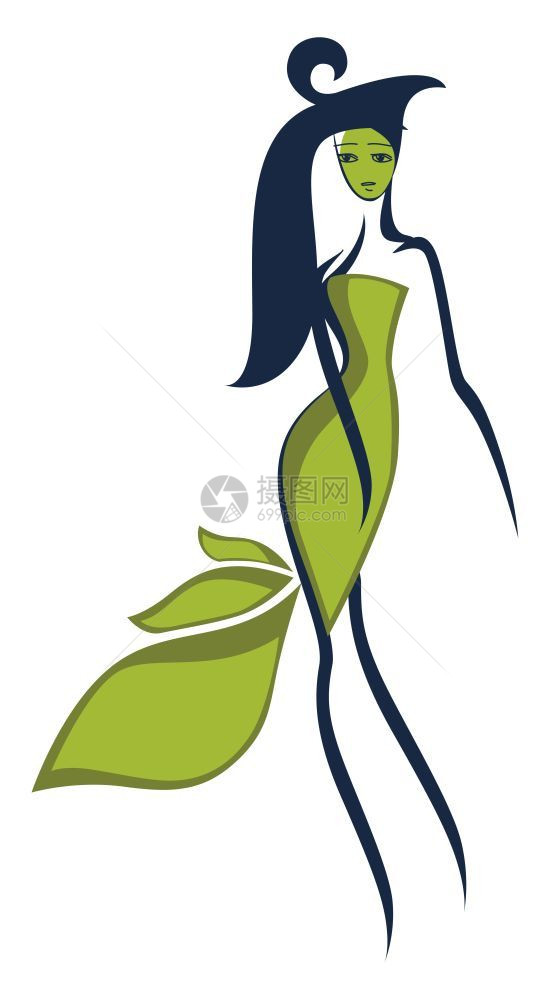 一个绿色苗条女抽象插图长发向量颜色图画或插图片