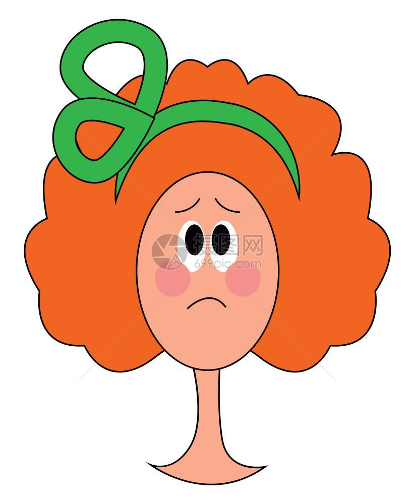 一个悲伤的小女孩有着橙色头发绿弓矢量彩色画或插图图片