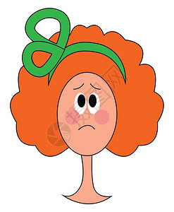一个悲伤的小女孩有着橙色头发绿弓矢量彩色画或插图图片