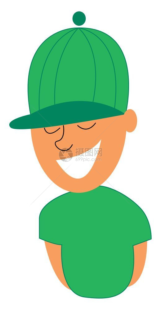 一个快乐的小男孩戴着绿色棒球帽图片