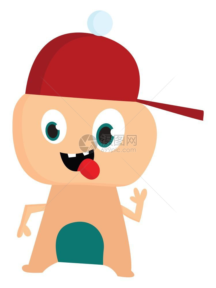 一个可爱的桃子怪物戴着红色帽子舌头向量彩色画或插图图片