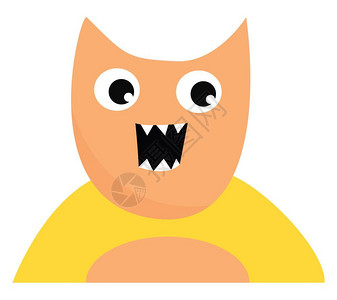 尖头的一个可爱的快乐怪物有着可怕的尖牙嘴张开向量彩色画或插图插画