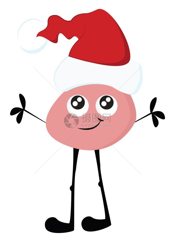 一个可爱的粉红色高个怪物长的黑腿戴着红色圣诞老人帽子矢量彩色画或插图图片