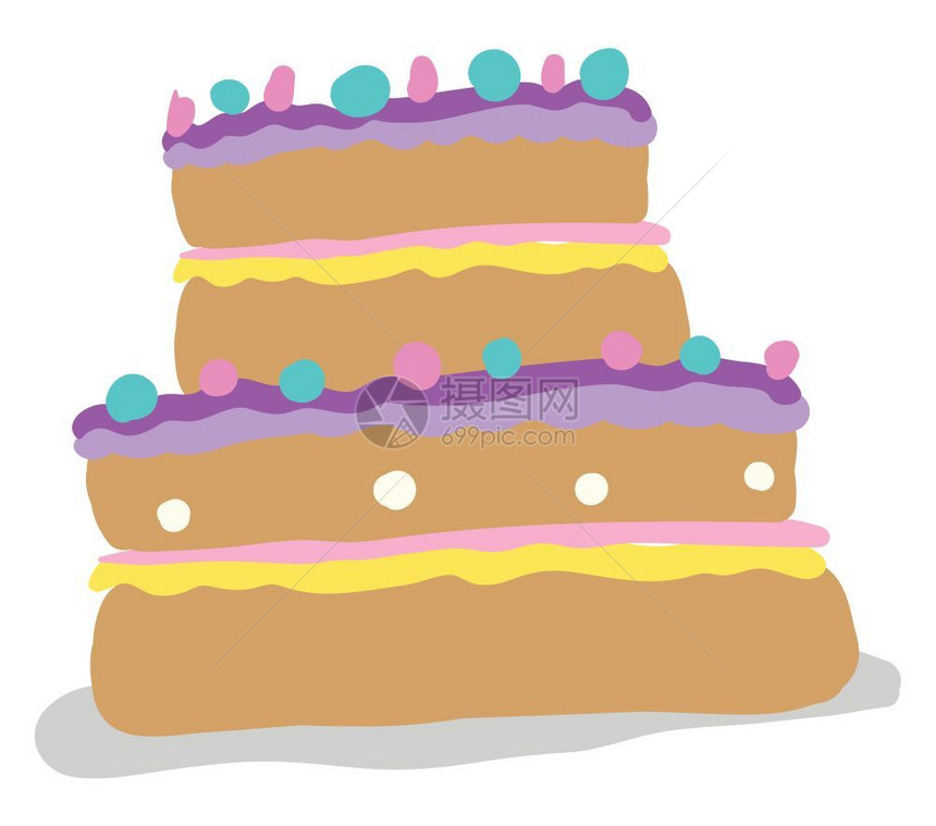 一个美味的两层蛋糕上面有浅蓝色和粉红的图纸矢量彩色绘画或插图图片