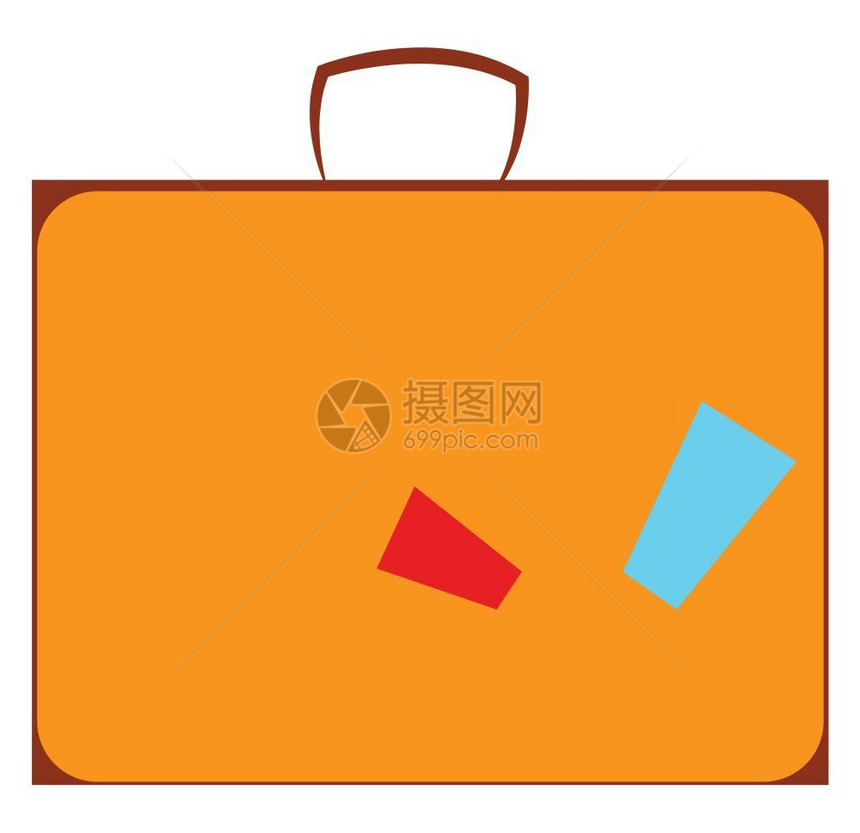 一个大橙色手提箱上面有把手和两个标签矢量彩色图画或插图片