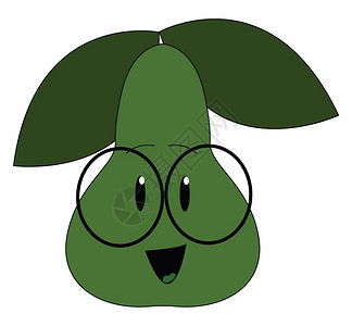 笑的深绿色梨子有两片叶和圆杯矢量彩色画或插图图片