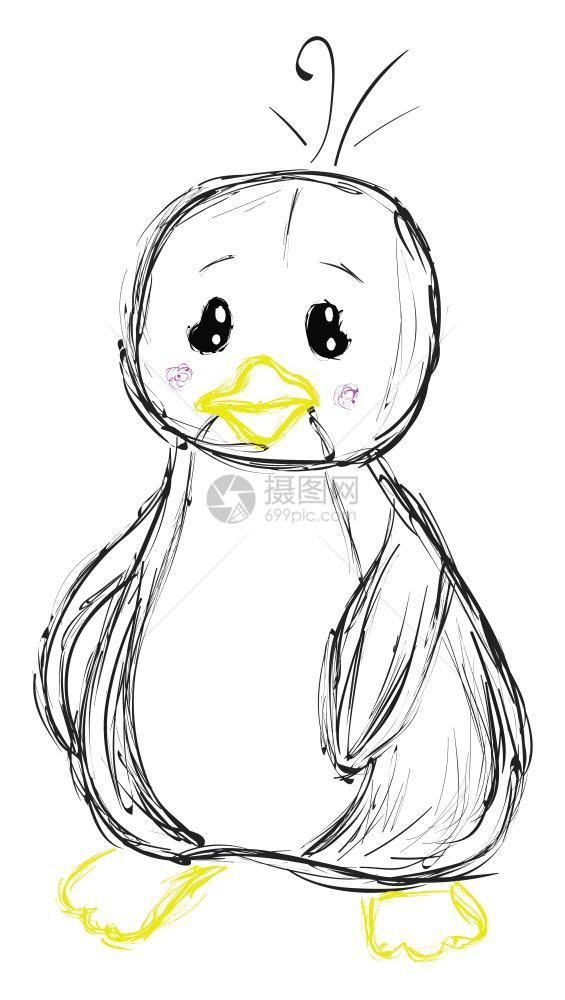 一个可爱的小企鹅粗略草图向量彩色画或插图图片