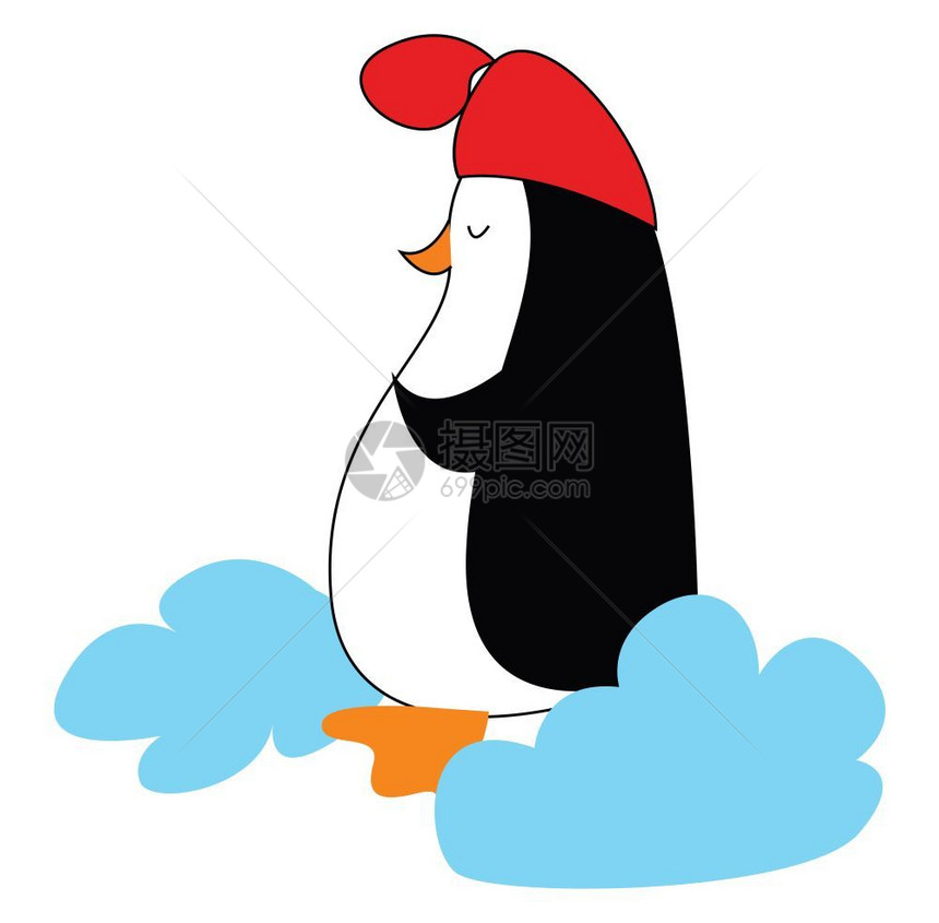 一只可爱的小企鹅带着红色帽子向量彩色画或插图图片