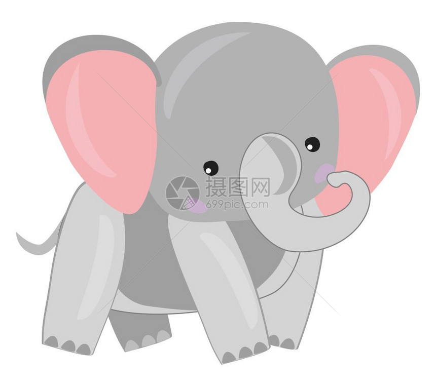 一只可爱的小象长着大粉红色耳朵向量彩色画或插图图片