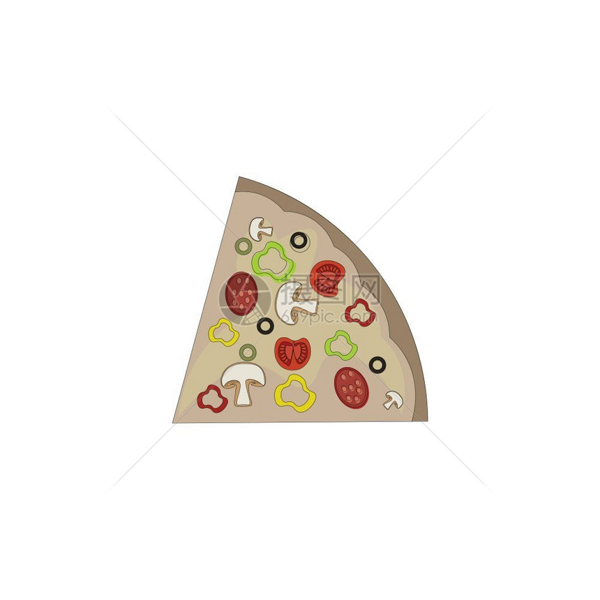 一块披萨上面有很多图案蘑菇胡椒辣橄榄矢量彩色画或插图图片
