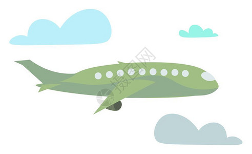 绿色飞机有九扇窗户飞过云层向量彩色画或插图图片