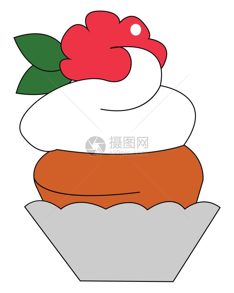 灰色杯子上的棕莓蛋糕面有奶油向量彩色画或插图图片