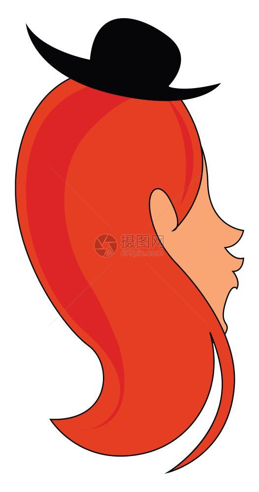 穿戴小黑帽子矢量彩色画或插图的长红色听力女人物图片