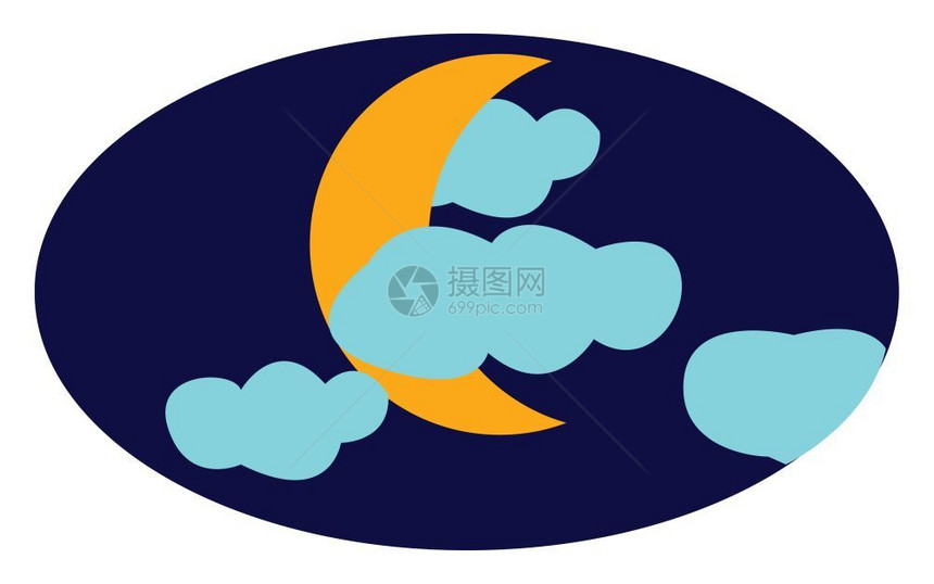 在黑暗夜空向量彩色绘画或插图的蓝云后面黄色新月图片
