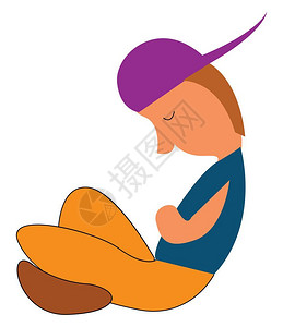 穿紫帽和蓝衬衫的弓睡着向量彩色绘画或插图图片