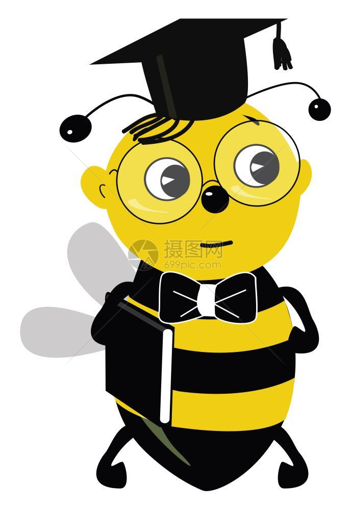 一只可爱的毕业学生蜜蜂脖子上戴黑色领带头部戴帽左转眼睛看着在等待某人时悲伤的眼神矢量彩色画或插图图片