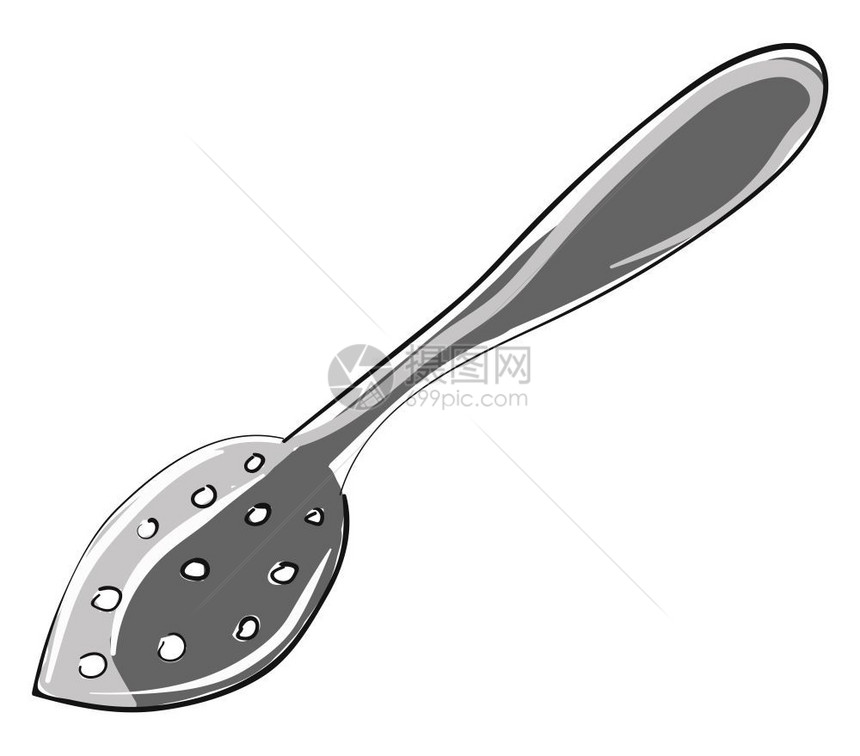 绘制一个薄荷茶匙的图画把柄装在碗里面有粗糙的洞使茶叶不进入杯向量彩色画或插图图片