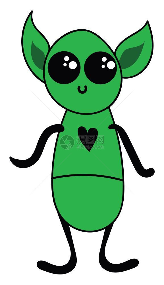 一个可爱的小绿色外星人卡通长着大耳朵的眼珠长着大睛黑色的心在服装里印着看上去很悲伤而矢量画或插图却站立着图片