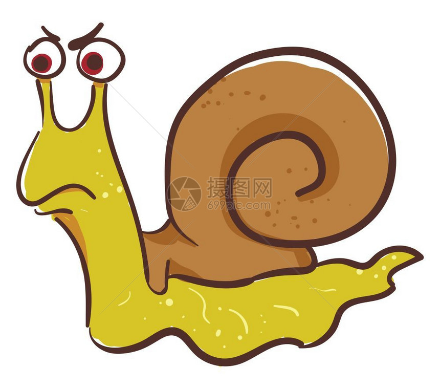 绘制绿蜗牛的画并用单圈状棕色贝壳来表示愤怒而爬行矢量的颜色绘画或插图则表示愤怒图片
