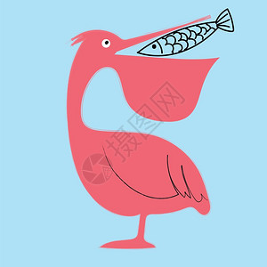 粉色勺子鸟的肖像将头转向后用蓝背景矢量彩色图画或插捕捉鱼背景图片