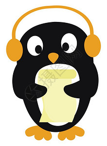 有黄色反向三角形鼻子和黄色脚的可爱小黑企鹅正在用黄耳机矢量彩绘画或插图监听音乐插画