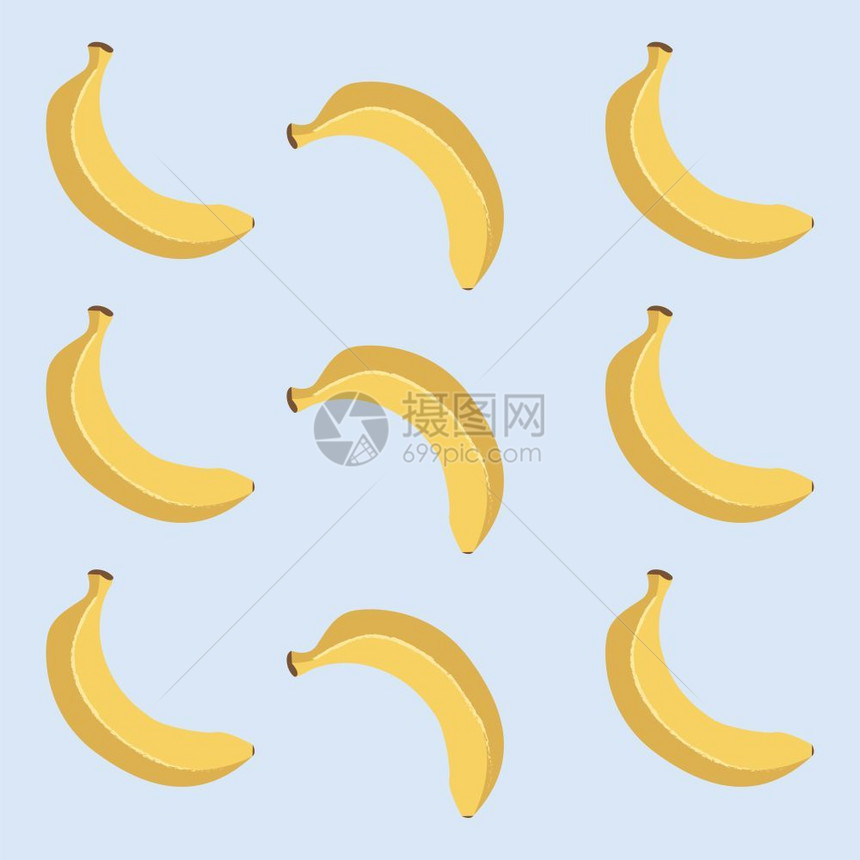 在蓝色背景矢量颜图画或插上9个黄色香蕉以垂直和反向姿势轮流排列成9个黄色香蕉的模式图片