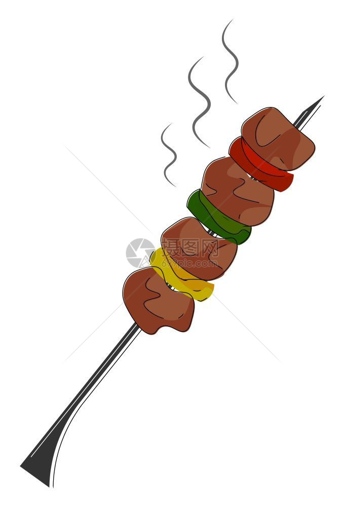 一块长的金属棍用肉菜和番茄制成的烧烤炉和可以享受病媒的颜色绘画或插图图片