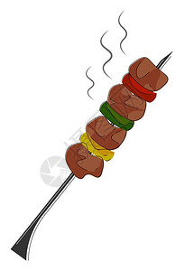 一块长的金属棍用肉菜和番茄制成的烧烤炉和可以享受病媒的颜色绘画或插图图片