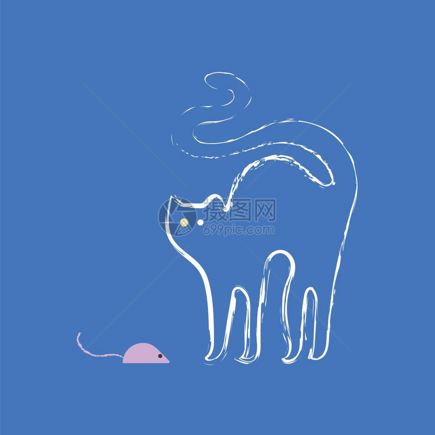 一只猫在蓝色背景和一只小玫瑰鼠靠近其矢量颜色绘画或插图时的轮廓图片