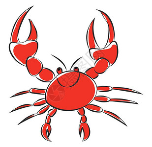 红色双囍笑可爱的小红卡通螃蟹有两个尖的钉子双天线和两只眼睛是非常快乐的矢量颜色图画或插插画