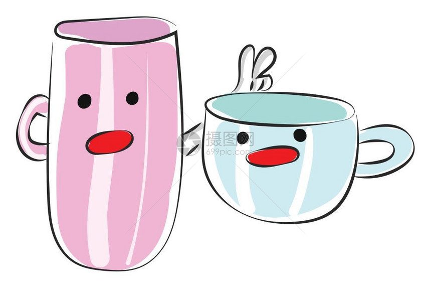 以两种不同大小的蓝色和粉红颜微笑的咖啡杯Emoji快乐因为它们彼此靠近矢量彩色绘画或插图图片