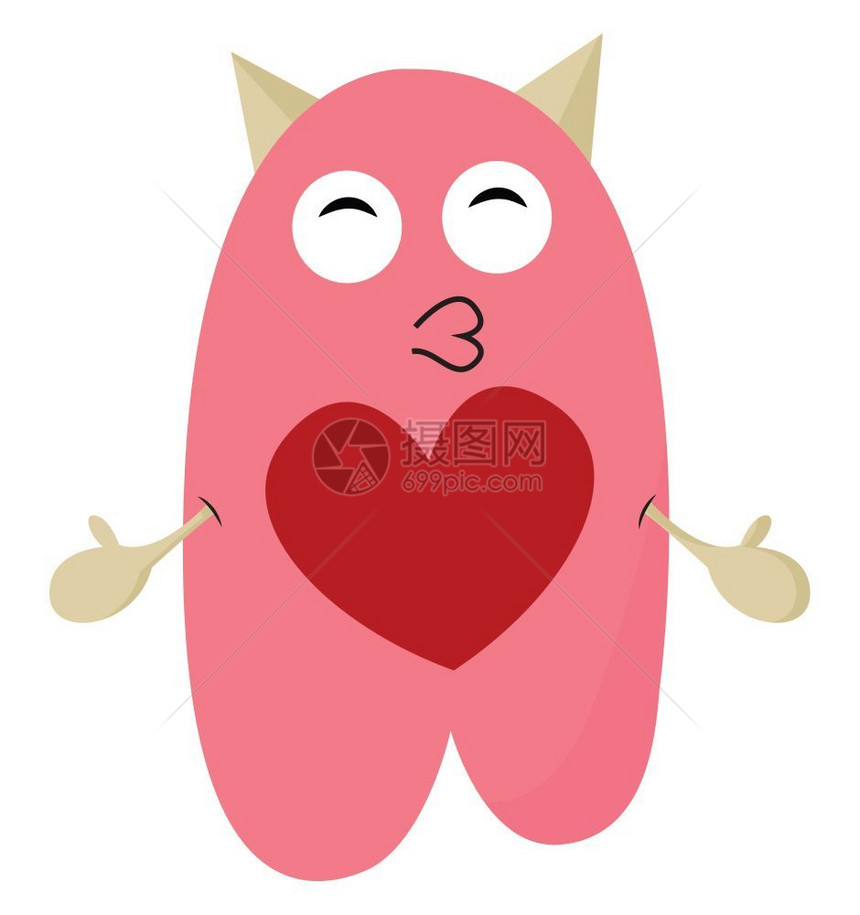 一个可爱粉红色怪物的食道红心印在衣服上张开的双臂看起来很快乐眼睛闭着矢量彩色画或插图图片